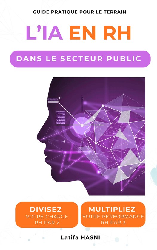 Couverture du livre 'L'IA en RH dans le secteur public' avec un profil de tête orné d'un réseau de lignes et de cercles violets.