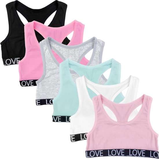 Set van zes meisjes sportbeha's in zwart, roze, grijs en mintgroen, met 'LOVE' band.