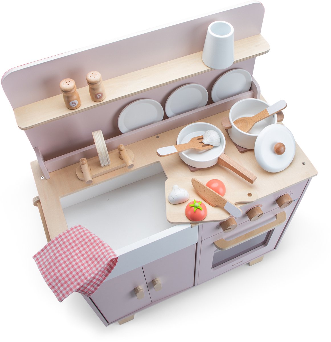 Woet® Houten Speelgoed Kinderkeuken Roze - Speelkeukentje met Pannen, Servies, Groente en Snijplank - Houten Speelkeuken - Werkbladhoogte 55 cm - Rollenspel - Vanaf 3 Jaar — afbeelding 3