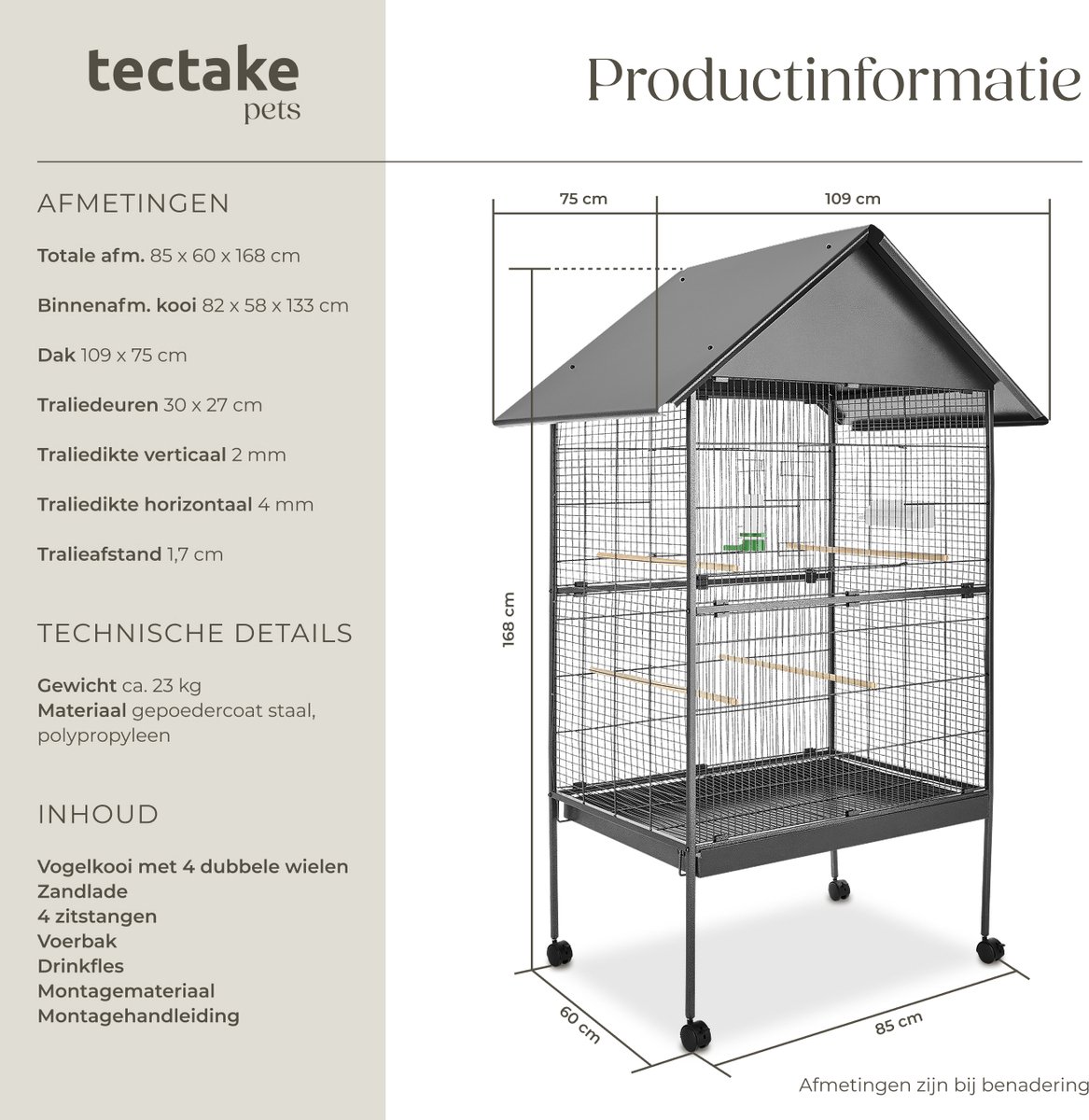 tectake Vogelkooi - Vogelkooien voor Binnen - 85 x 60 x 168 cm thumbnail 4