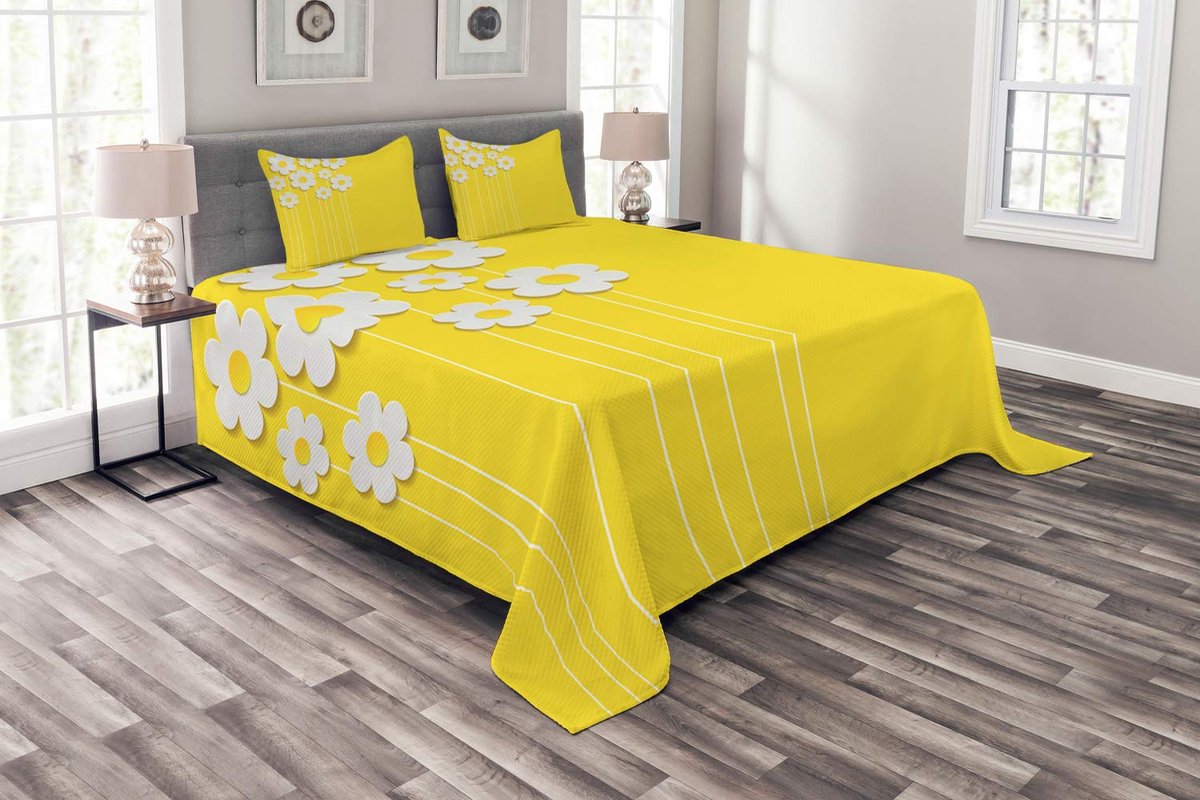 ABAKUHAUS sprei-set – cartoon-lentebloemen – geel-wit – 264x220 cm