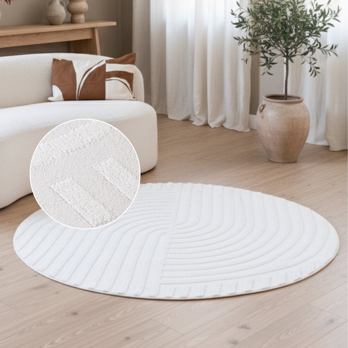TAPISO Hygge Rond Vloerkleed Crème-Wit Modern Laagpolig 3D Geometrisch Ontwerp Duurzaam, S