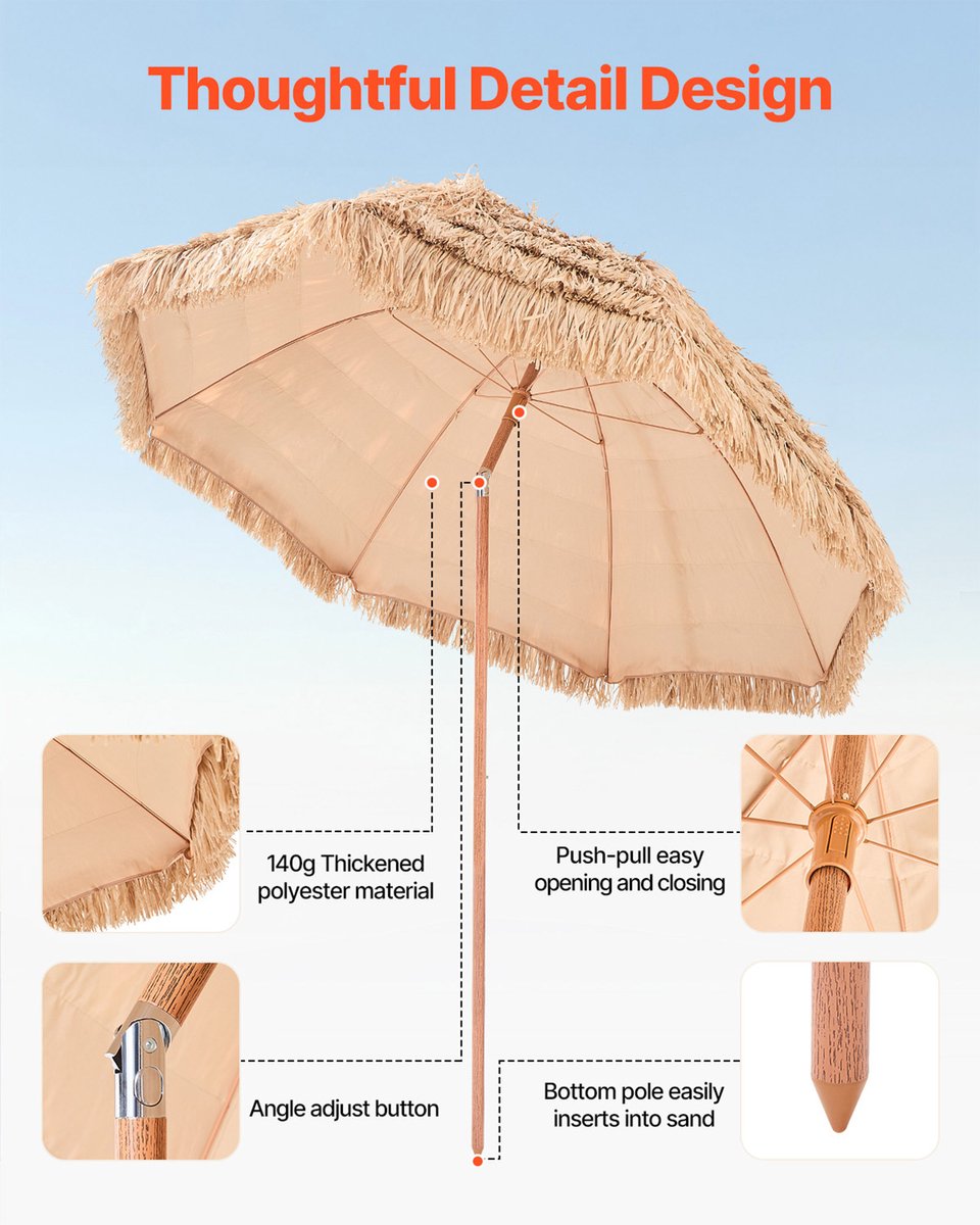 VEVOR Tiki-Parasol, 2,4 M Rieten Terrasparasol met Kantelfunctie, Hawaiiaanse Strandparasol met Duurzaam Pp-Riet En 8 Metalen Baleinen, Grasparasols voor Strand, Terras, Zwembad, Achtertuin En Tuin thumbnail 4
