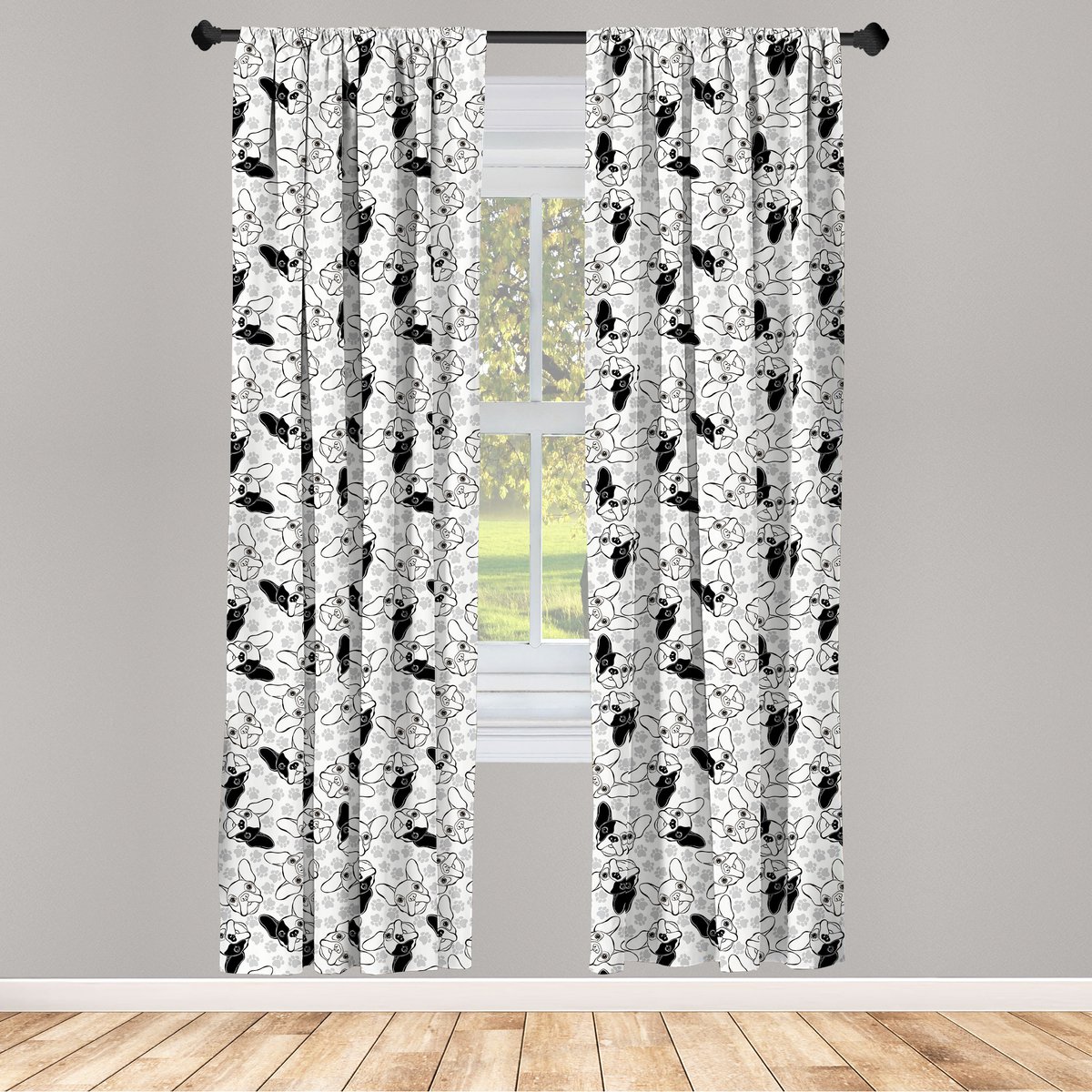 ABAKUHAUS Bulldog raamgordijnen – Doodle Faces – 2-delige 75x225 cm – Lichtgrijs