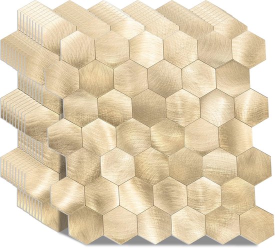 VAOVI Metallic gouden zelfklevende tegels voor spatwand in de keuken, zelfklevende tegelstickers, 3D pel en plak wandtegels, metallic mozaïektegels, hittebestendige tegels (Subway, 5 vellen