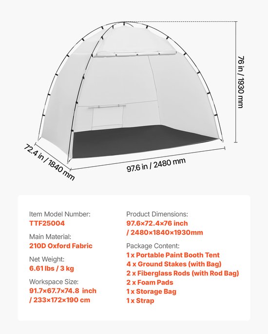 Draagbare spuitcabine, 233 x 172 x 190 cm spuitcabine met vloer en gaas, ruime tent van Oxford-stof voor het schilderen van meubels zoals kasten, stoelen en tafels van Merkloos — afbeelding 4