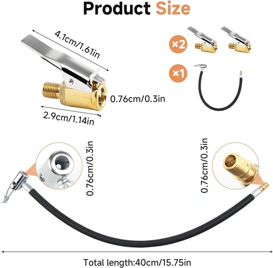 2x 8mm Ventielverlenging 40cm Slang met Hefboomstekker voor Auto, Fiets en Motor - Bandenvulpistool Adapter — afbeelding 4