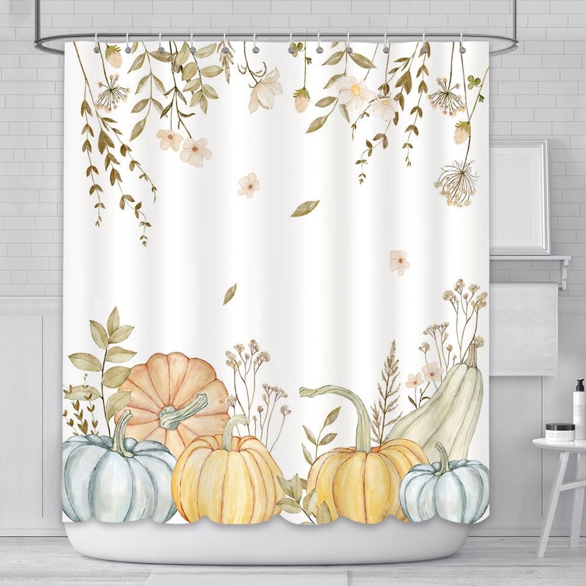 Stunq® Herfst Pompoen Douchegordijn 180 x 180 cm met Bloemen en Bladeren