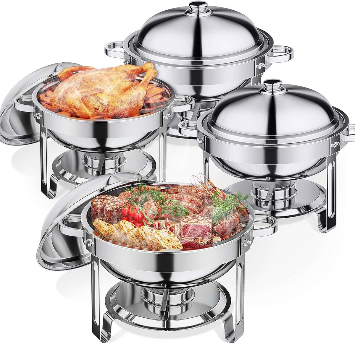 Ronde Buffet Schalen Set 4 Stuks met Dekstel - 5.5QT RVS Warmers voor Feesten