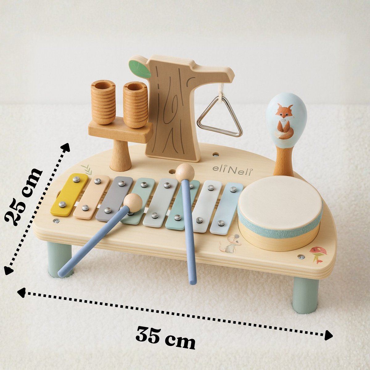 Beebie Babbels - Muziektafel - Bos Editie - Muziek Speelgoed - Houten Speelgoed - Speelgoedinstrumenten - Muziekspeelgoed 1 jaar - Met Xylofoon, Triangel en Trommel — afbeelding 9