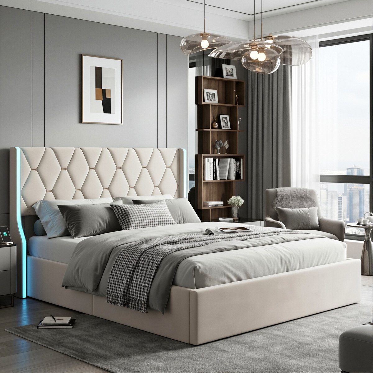 ADFBL Ottomaans Bed 160x200 cm Beige - Fluweel Bed met LED & Opbergruimte | Goud Geometrisch Design