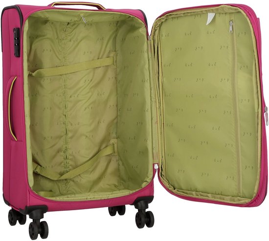Open roze koffer met groen met logo beklede binnenkant.