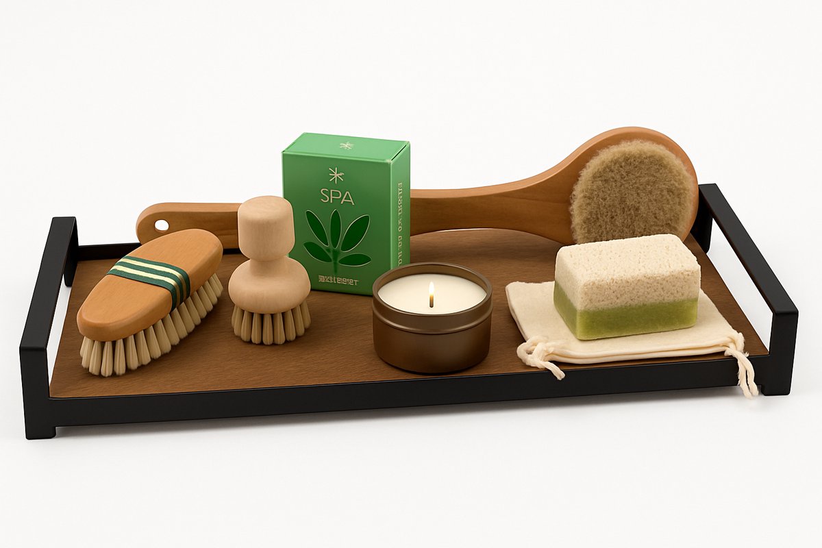 Luxe Spa Giftset met Industrieel Dienblad – Houten Wellness Borstels, Natuurlijke Zeep & Kaars