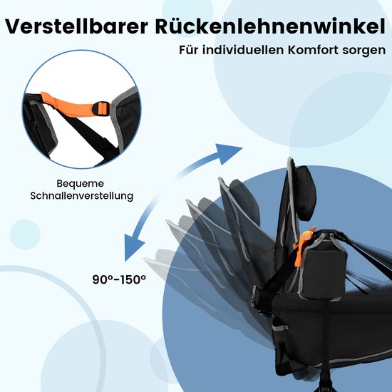 COSTWAY Opvouwbare campingstoel, klapstoel met verstelbare rugleuning, hoofdsteun en bekerhouder, vouwstoel, draagvermogen 150 kg, inclusief draagtas (zwart) van Costway — afbeelding 3