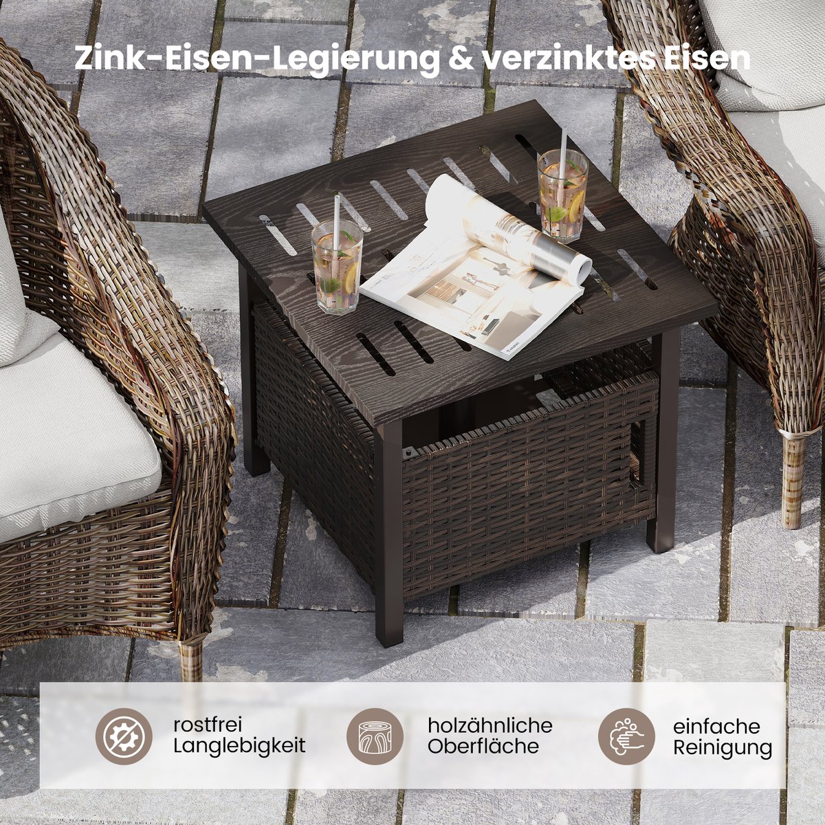 COSTWAY Bijzettafel voor buiten, weerbestendig, rotan tuintafel met paraplugat, kleine balkontafel, koffietafel voor tuin, balkon, terras, 55,5 x 55,5 x 47,5 cm thumbnail 6