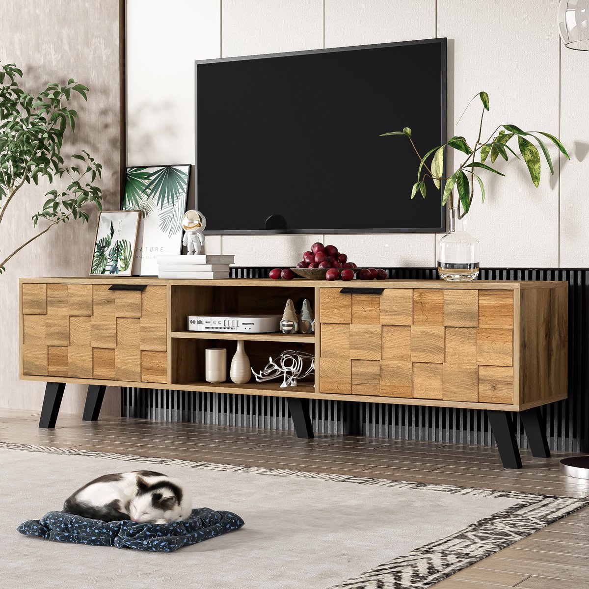 REDOM TV-meubel 160,5x35,5x45 cm van spaanplaat, houtkleur, met 2 deuren en 2 open vakken, modern