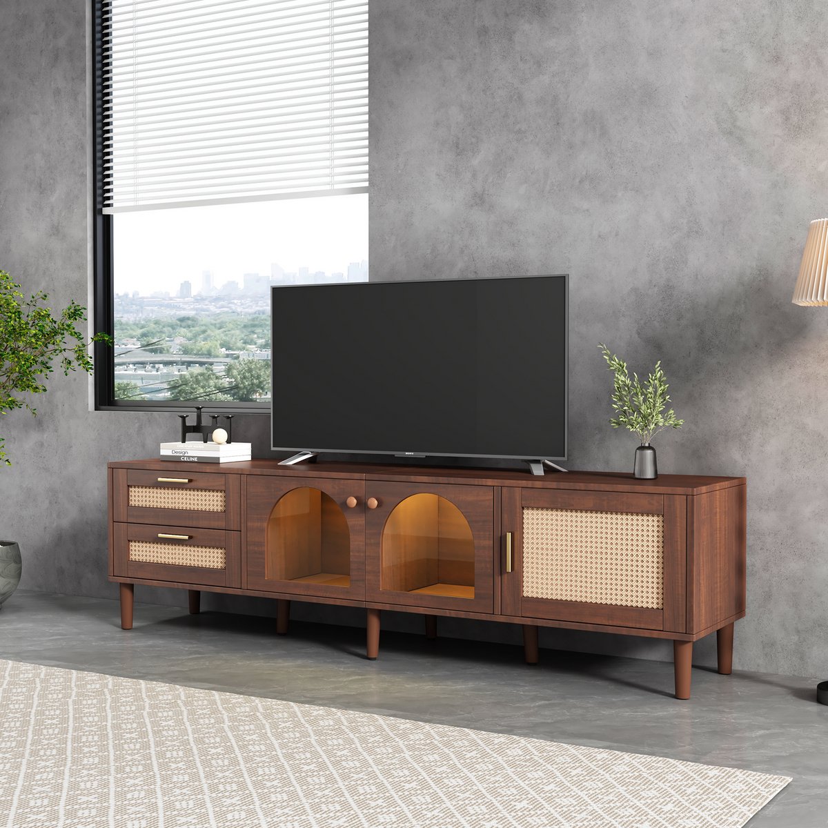 REDOM TV-meubel 180x40x50 cm van spaanplaat en glas, bruin met rattan, met opbergruimte en 16-kleur LED