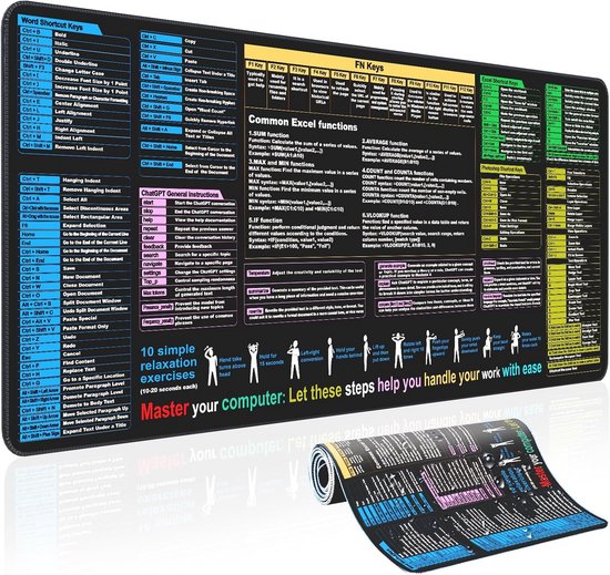 XXL Sous-main XXL Tapis De Souris Avec Raccourcis Excel | Tapis De Souris Avec Raccourcis Excel Tapis De Clavier Gaming Bureau Etanche