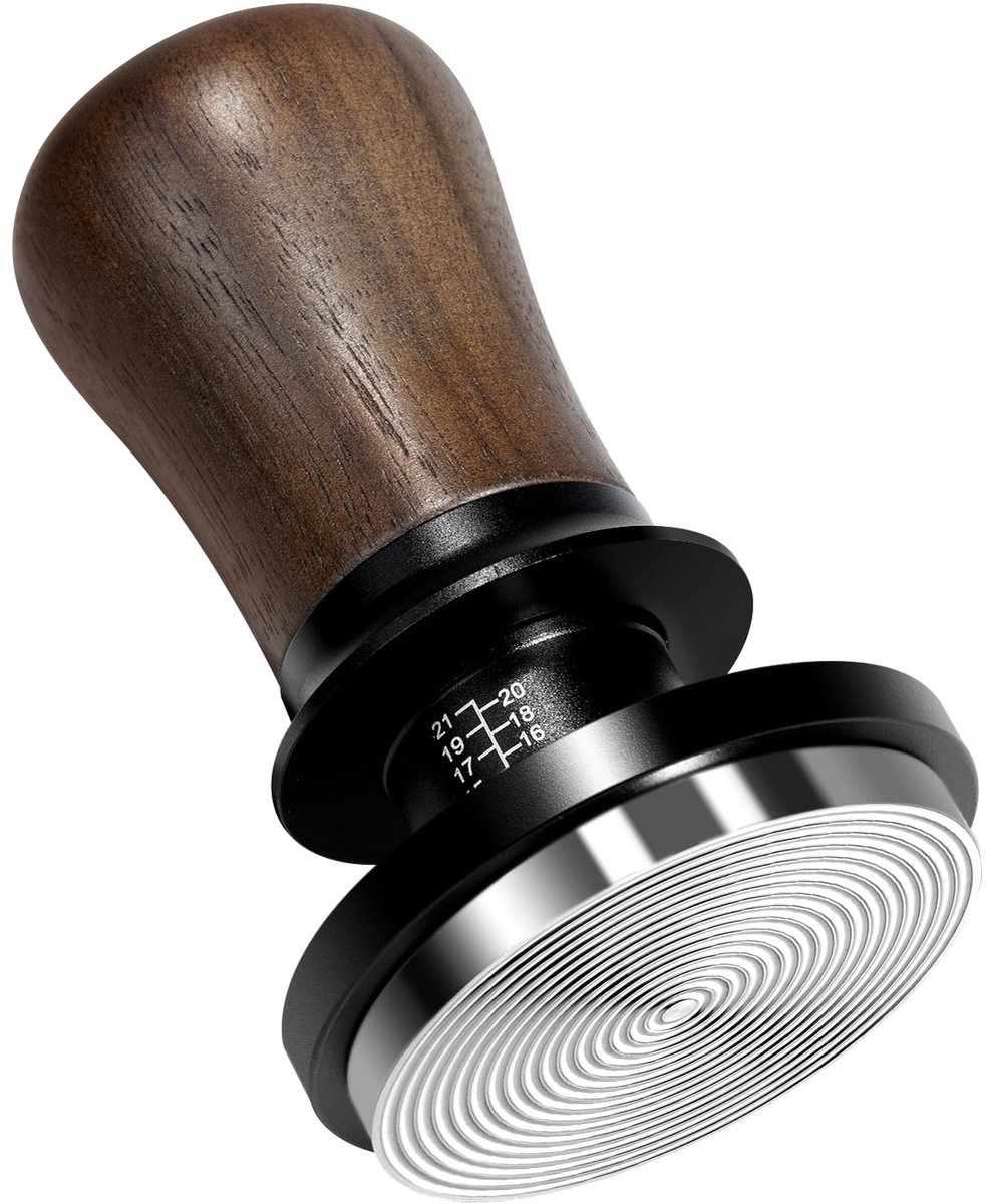 Unyqoos® Koffietamper met drukregeling en walnootgreep voor gelijkmatige espresso