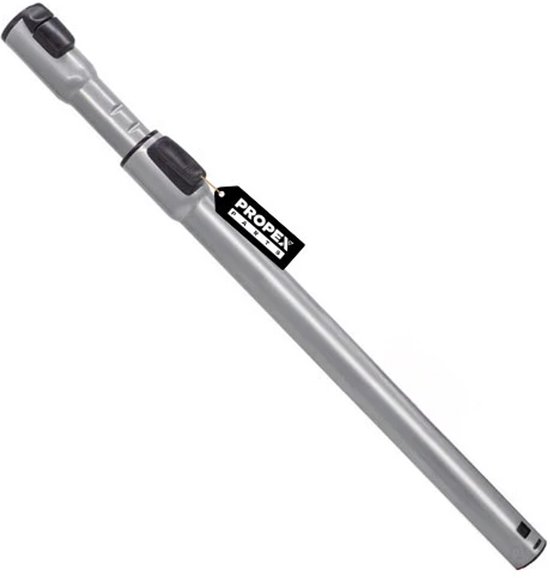 Zilverkleurige telescoopbuis voor stofzuiger met kliksysteem. Merklabel 'Propex Parts' hangt aan de buis.