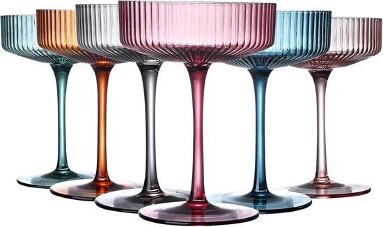 Cocktailglazen Voor Champagne Set Van 6 – 270 Ml – Geribbelde Champagneschalen – Voor Cocktails & Desserts Vintage Coupéglazen