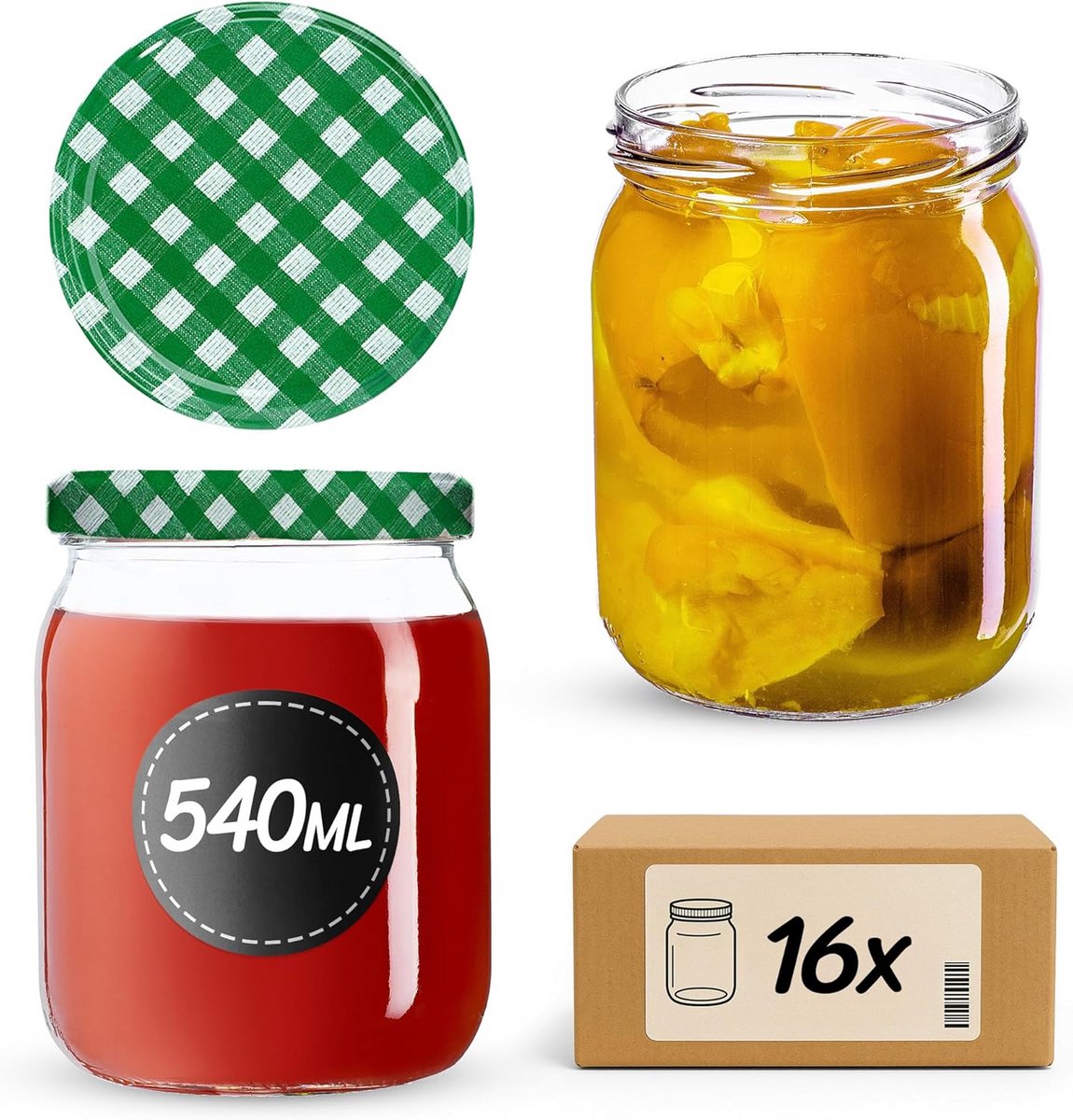 16 Glazen Potten met Schroefdeksel 540 ml voor Inmaken en Bewaren