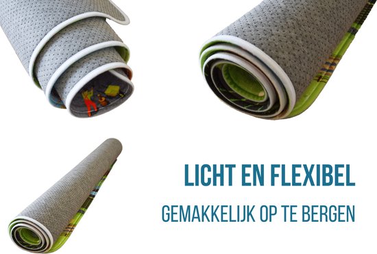 Opgerolde speelmat, close-up van de zachte, antislip onderkant. Tekst 'Licht en flexibel'.
