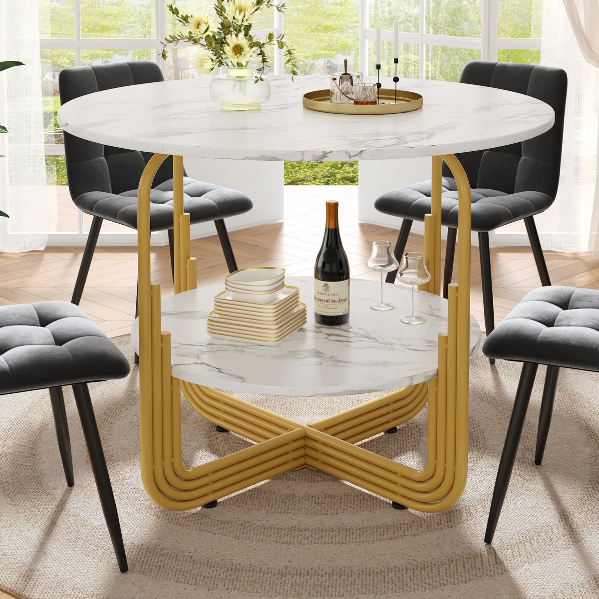 Ronde eettafel 80x80x76 cm - keukentafel - salontafel - met een klein rond plateau in het midden - tafelblad van marmer - gouden tafelpoten
