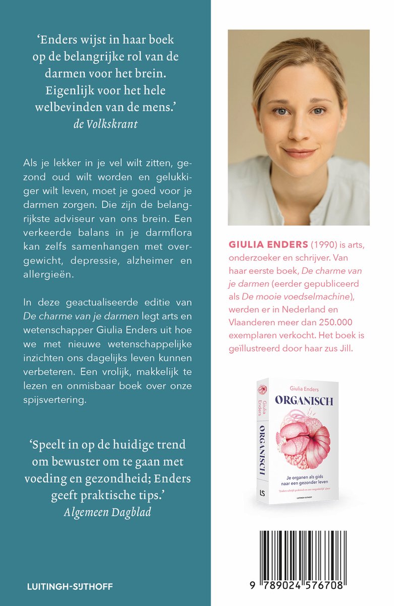 Dos du livre avec une photo portrait de Giulia Enders et une image des intestins sur la couverture.