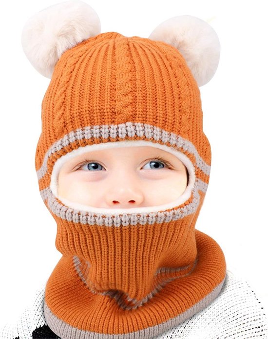 AYPOW Warme gebreide wintermuts muts en nekwarmer sets, dames gevoerd met dik fleece zacht, flexibele gebreide muts met haarbal, multifunctionele balaclava bivakmuts voor buiten, Grijs, One Size