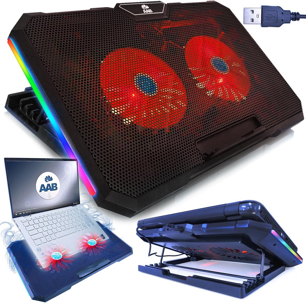 Laptop Koelstandaard met 2 Ventilators, Verstelbare Hoek en Rode/RGB Verlichting