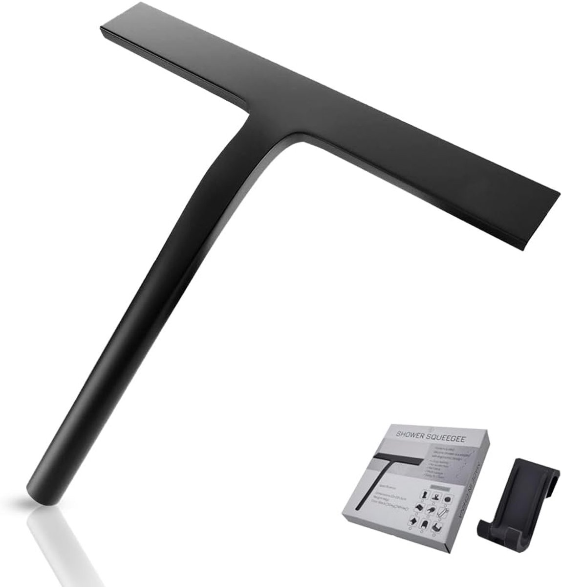 Famanu - Siliconen douche- en raamtrekker met houder, roestvrijstalen kern, streepvrij design, 23 cm, zwart