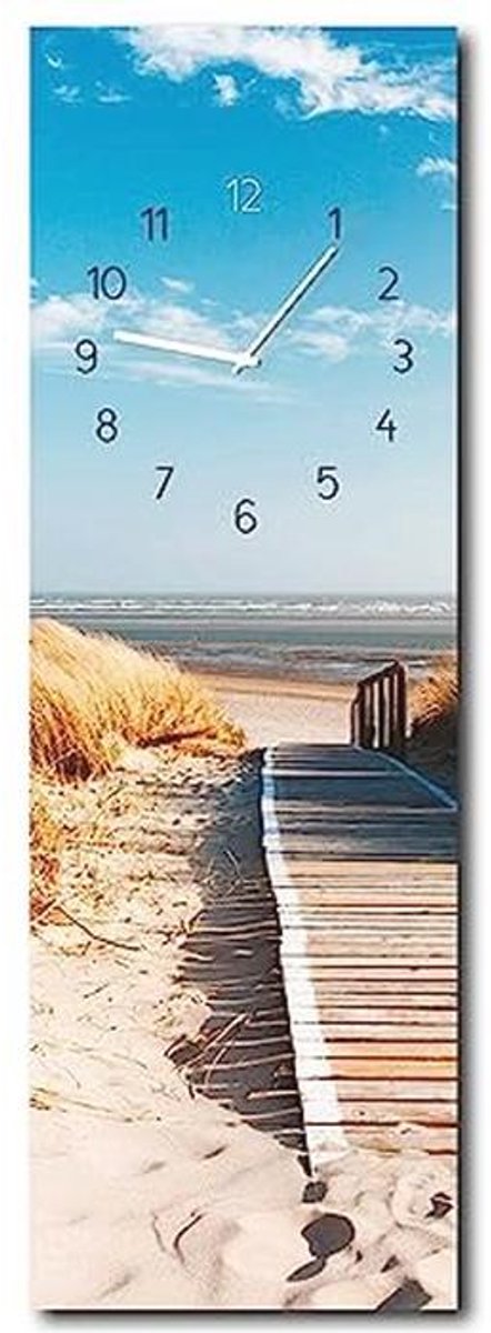 daazoo Wandklok Sunny Beach 20 x 60 cm (zonder tikkende geluid), glazen klok inclusief wandophanging, geruisloze klok, Made in EU, voor woonkamer, eetkamer, hal of slaapkamer, eenvoudige montage