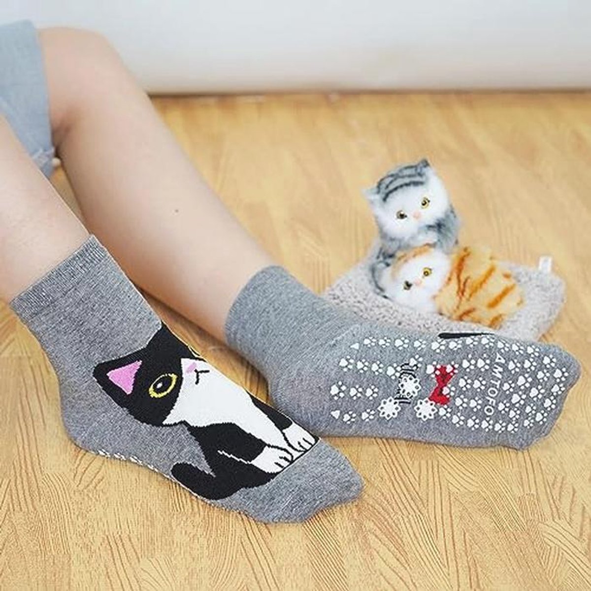 Lachen Dames Non-slip Sokjes met Kattenpatroon - 5 Paar Katoenen Sokken met Fantasie Kleuren