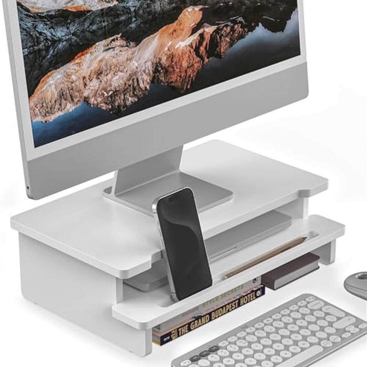 Monitorstandaard voor computerlaptop - Houten bureauplank met telefoon- en tablethouder