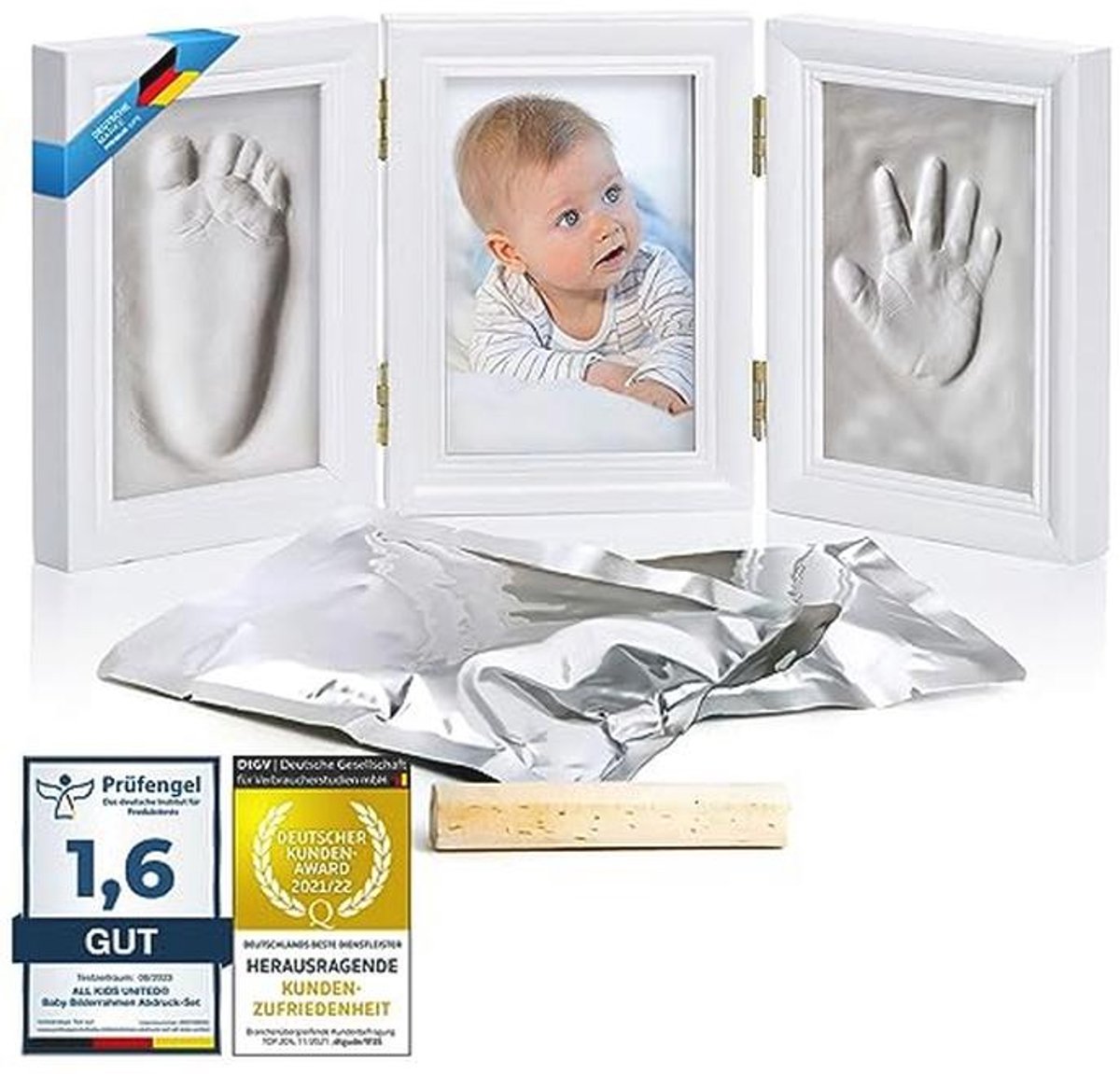 Uniek Baby Fotolijst met Handafdruk en Voetafdruk Set - Perfect als Cadeau voor Geboorte, Doop of Baby Shower - 3-Delige Witte Set