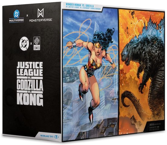 Zijde van de verpakking met "Justice League vs. Godzilla vs. Kong" en afbeeldingen van Wonder Woman en Godzilla.