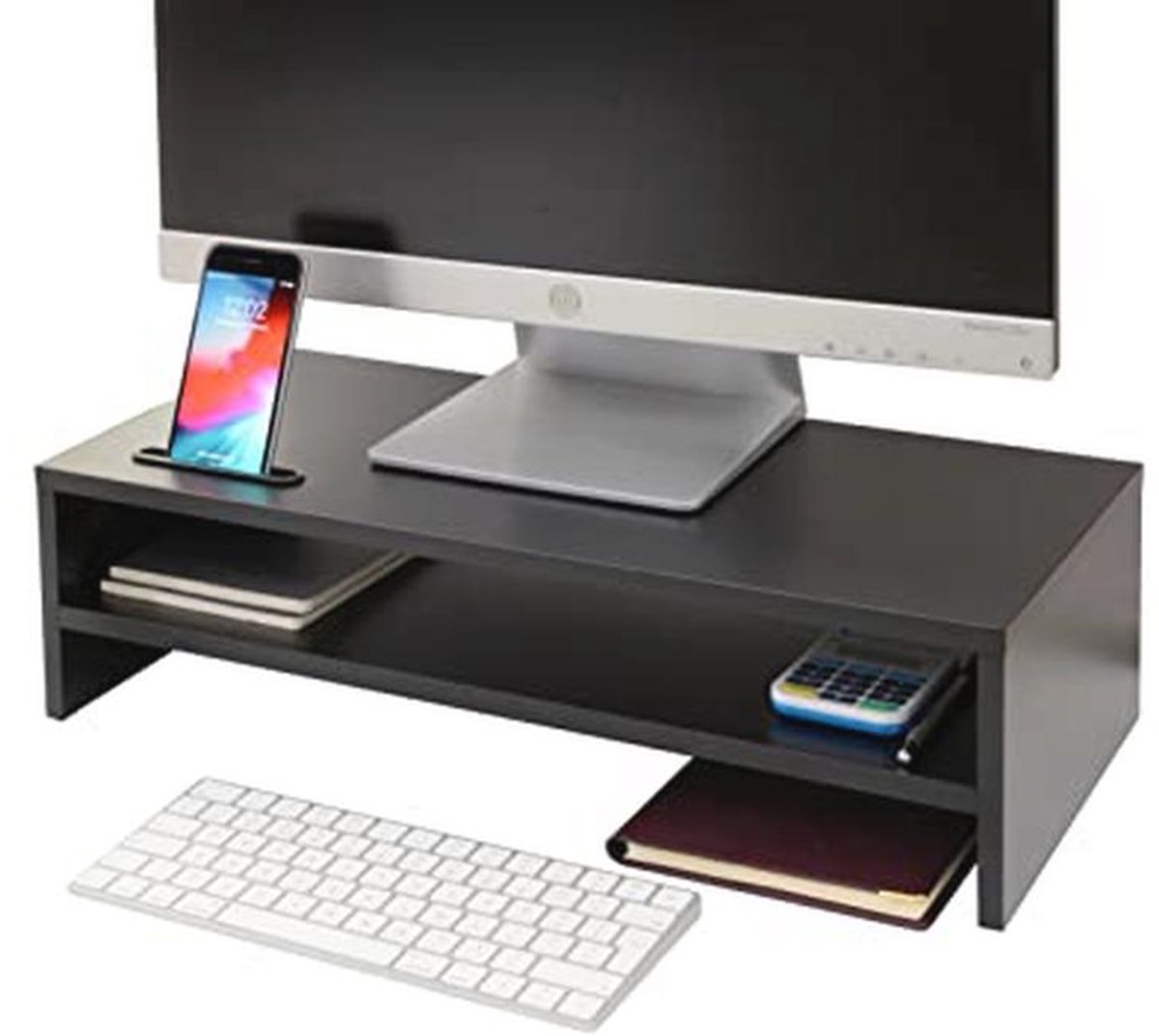 Monitorstandaard met Telefoonhouder - Houten Hoogte Verstelbare Plank - Ruimtebesparend