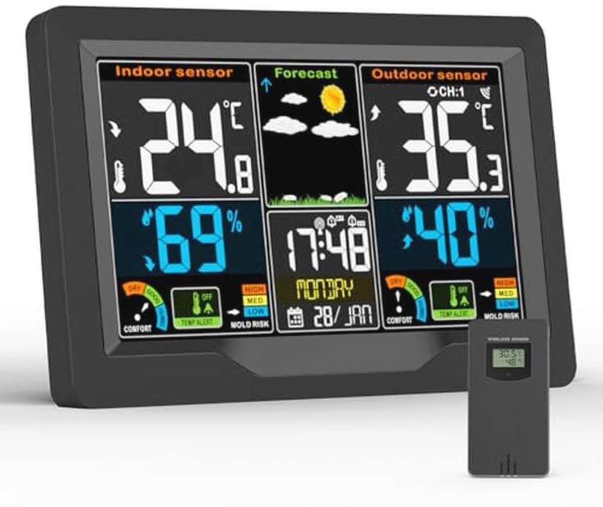 Draadloos Weerstation met Buitensensor - Multifunctioneel Digitaal Weerstation voor Binnen en Buiten