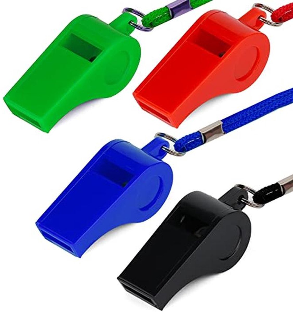 4 stuks kunststof fluitjes voor noodgevallen, survival en hondentraining - luid fluitje met riem