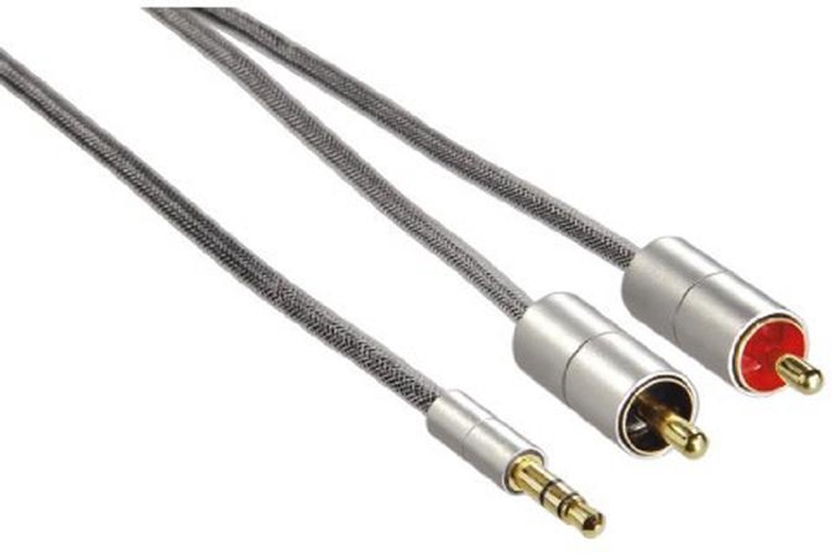 1m AluLine 3,5 mm Jack Stereo naar 2 x RCA Aansluitkabel - Zilver