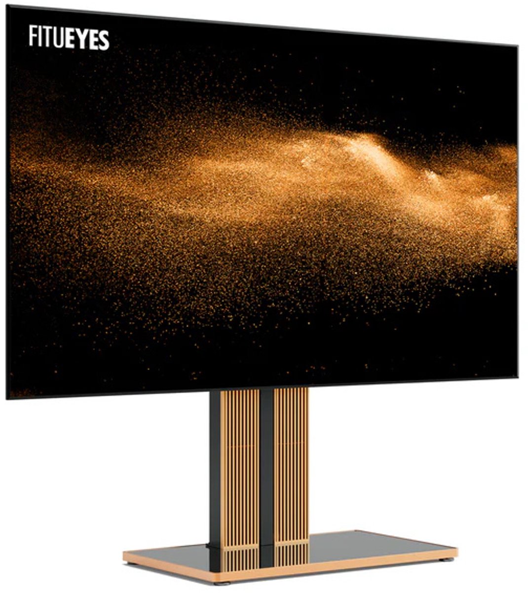 FITUEYES tv standaard Cantor Serie Bodem ‑TV‑Standaard – 75–100″ – Beukenhout & Aluminium tv voet – Hoogte verstelbaar – VESA 100‑850 – Draagkracht 65 kg