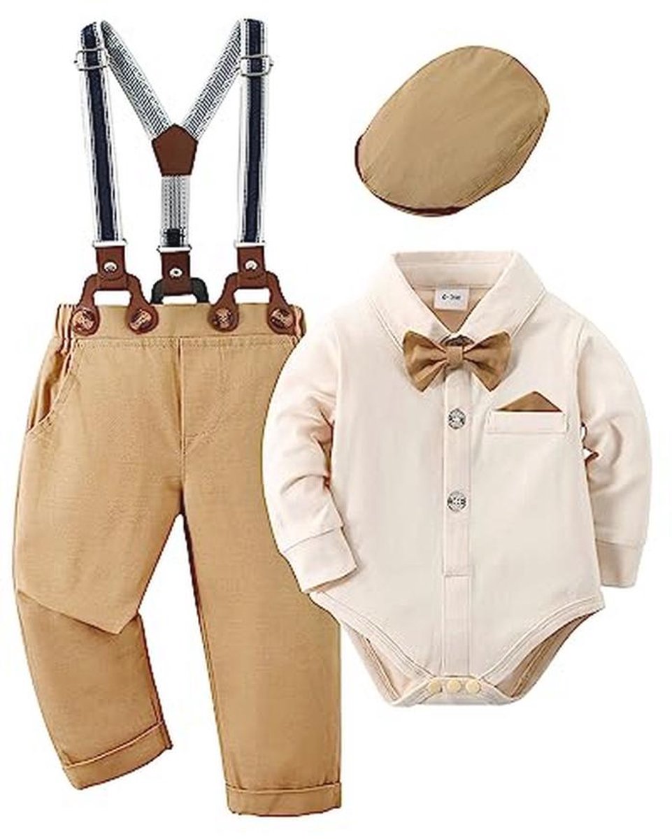 Baby Jongens Tuxedo Set - Romper met Lange Mouwen, Suspenders en Stropdas Outfit 0-18 Maanden