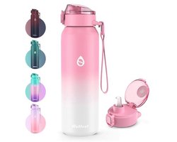 WEMEET Geïsoleerde waterfles met afneembaar rietje 503 ml, 18/10 roestvrijstalen dubbelwandige waterbeker voor sport, sportschool, reizen en school (roze wit)