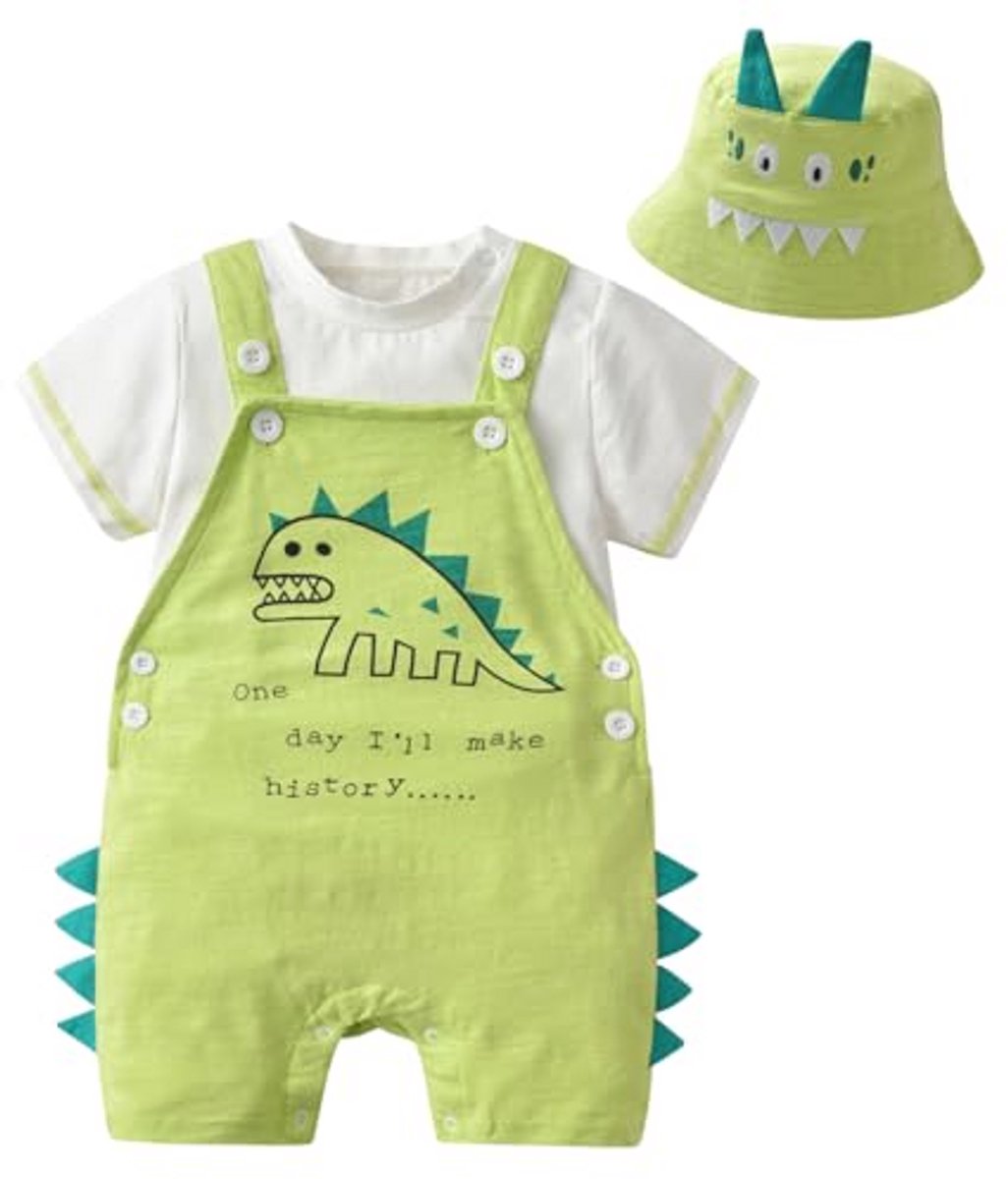 Uniseks 3-delige Babyset met Korte Jumpsuit, T-shirt en Hoed