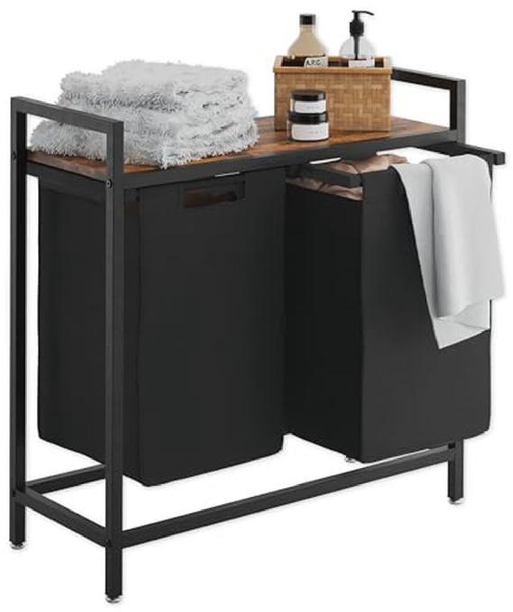 Multifunctionele Wasmand met 2 Vakken en Plank - 48 Liter Capaciteit, Bruin en Zwart