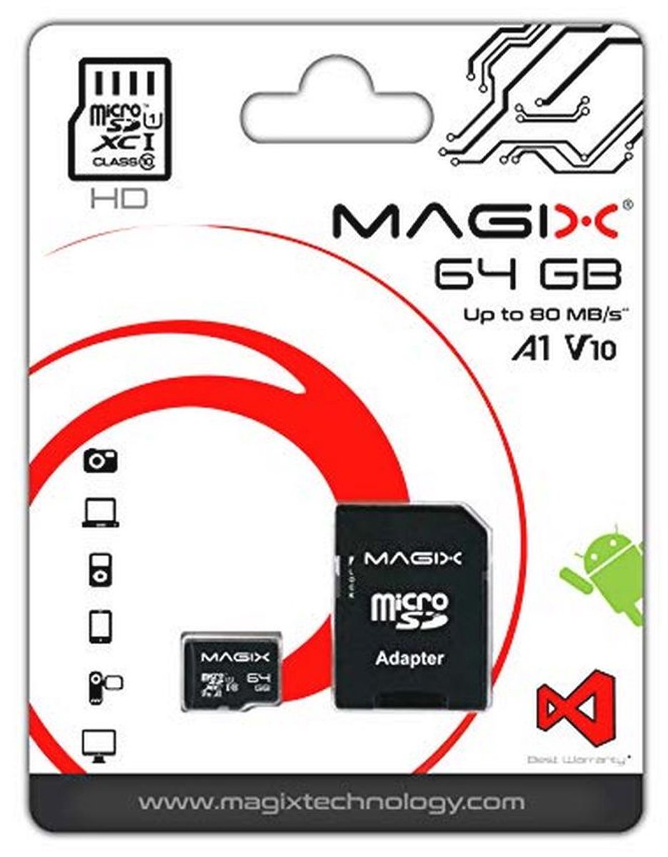 MicroSD-kaart HD Serie Class 10 V10 64GB met SD Adapter - Leessnelheid tot 80 MB/s