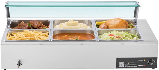 Commerciële Voedselverwarmer met 6 Halve Containers, 1,5 kW Elektrische Roestvrijstalen Verwarmer met Glazen Deksel en Lepel, Ideaal voor Catering, Restaurants en Evenementen — afbeelding 5