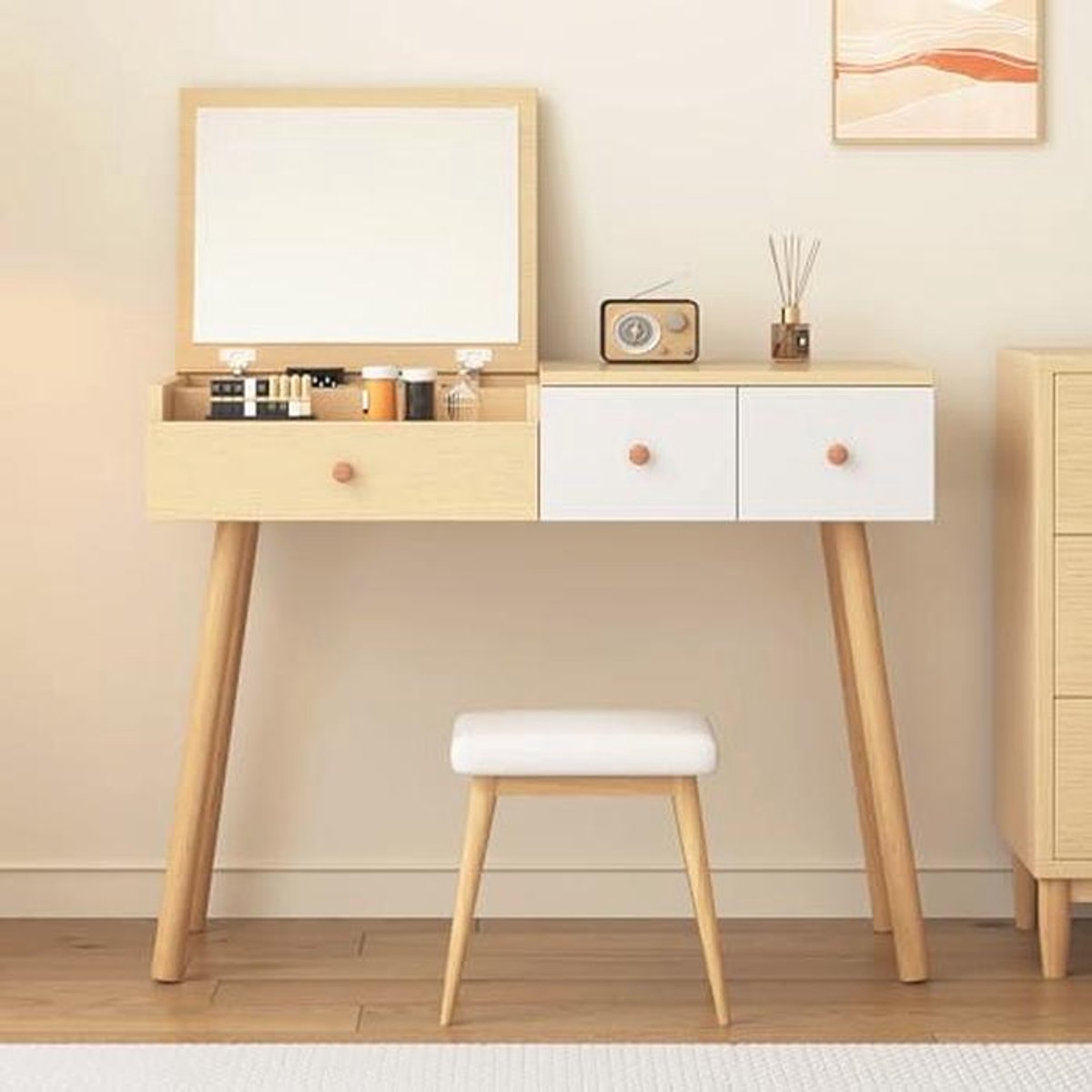 Make-uptafel met spiegel en opbergladen - 100 x 40 x 78 cm - Natuurlijke kleur