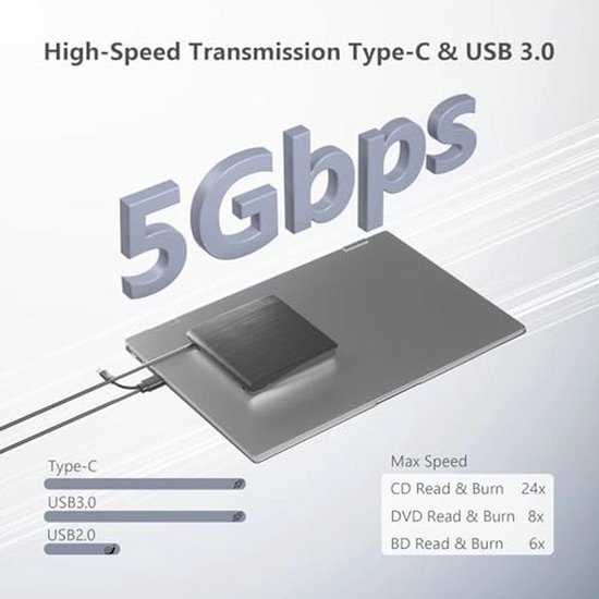 Externe Blu-ray Speler met USB 3.0 en Type-C - Draagbare DVD/BD/CD Speler voor Laptop en PC — afbeelding 2